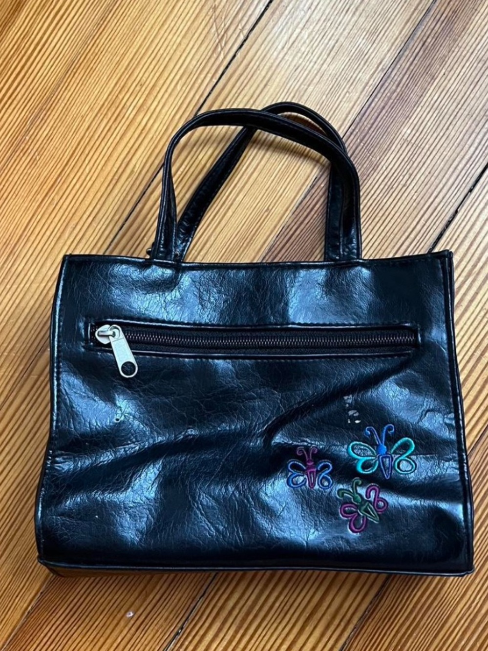 Black Faux Leather handbag with Embroidered Butterflies